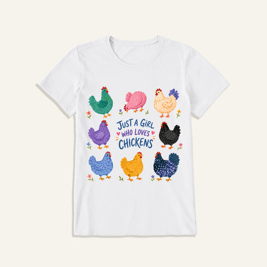 Colorful Chicken Garden Print Crew Neck Cotton Tee