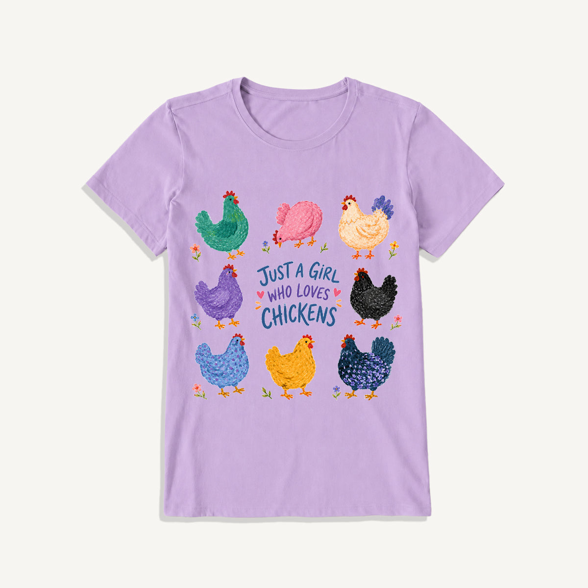 Colorful Chicken Garden Print Crew Neck Cotton Tee