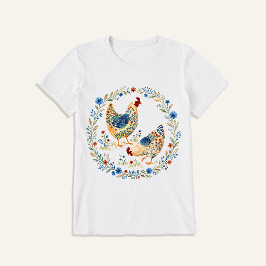 Blue Floral Hens Garden Print Crew Neck Cotton Tee