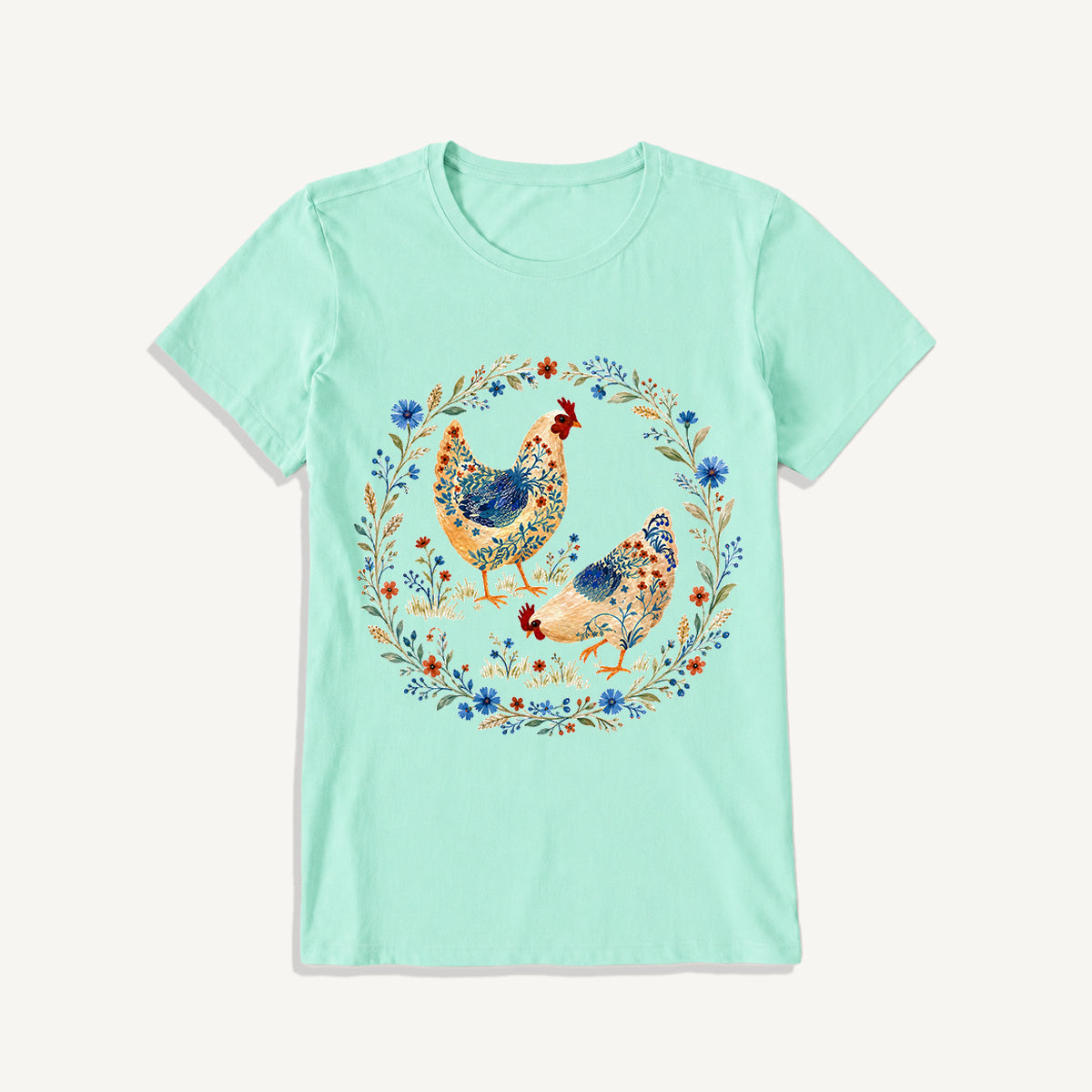 Blue Floral Hens Garden Print Crew Neck Cotton Tee