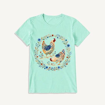 Blue Floral Hens Garden Print Crew Neck Cotton Tee