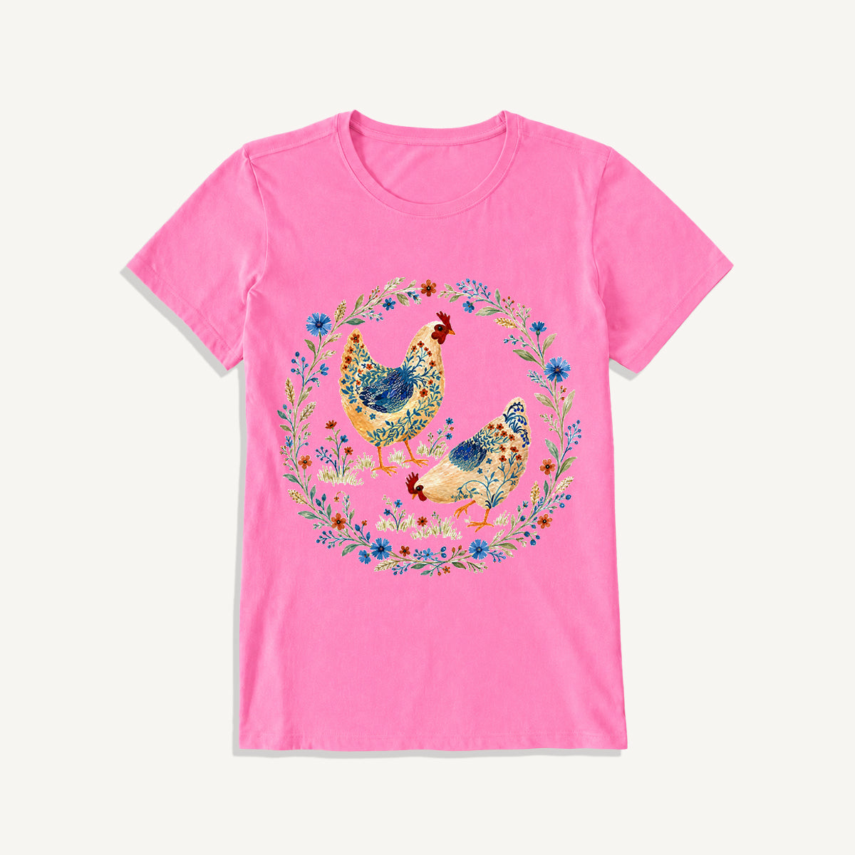 Blue Floral Hens Garden Print Crew Neck Cotton Tee