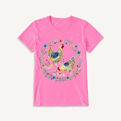 Blue Floral Hens Garden Print Crew Neck Cotton Tee