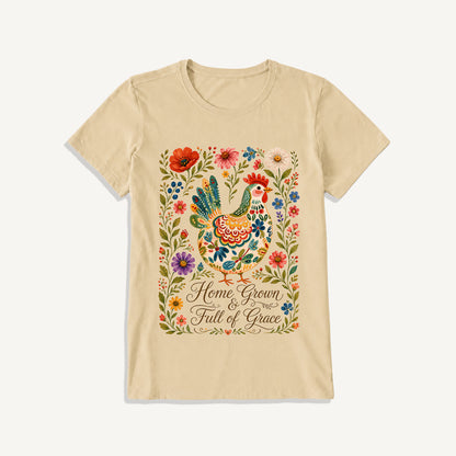 Folk Floral Homegrown Hen Print Crew Neck Cotton Tee