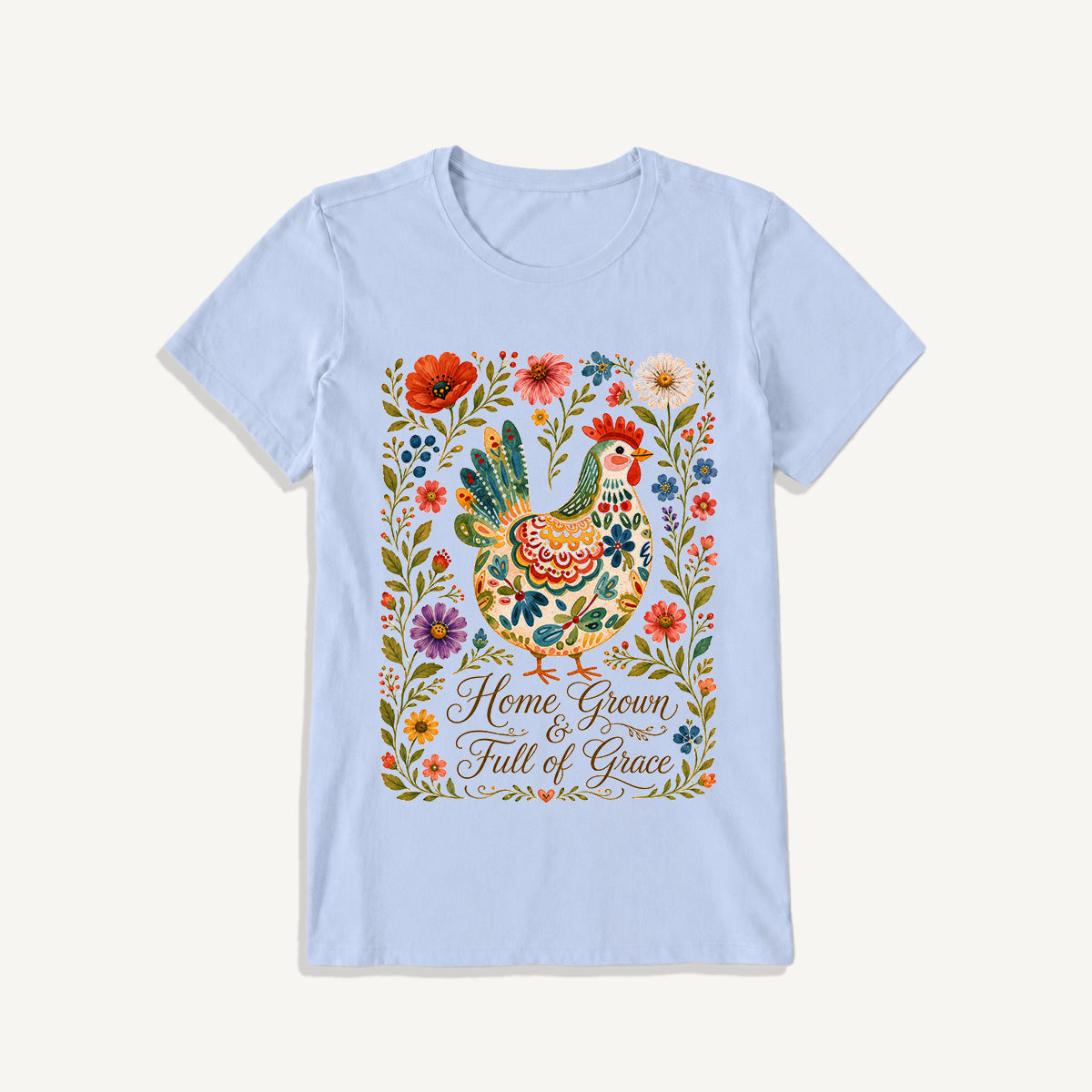 Folk Floral Homegrown Hen Print Crew Neck Cotton Tee