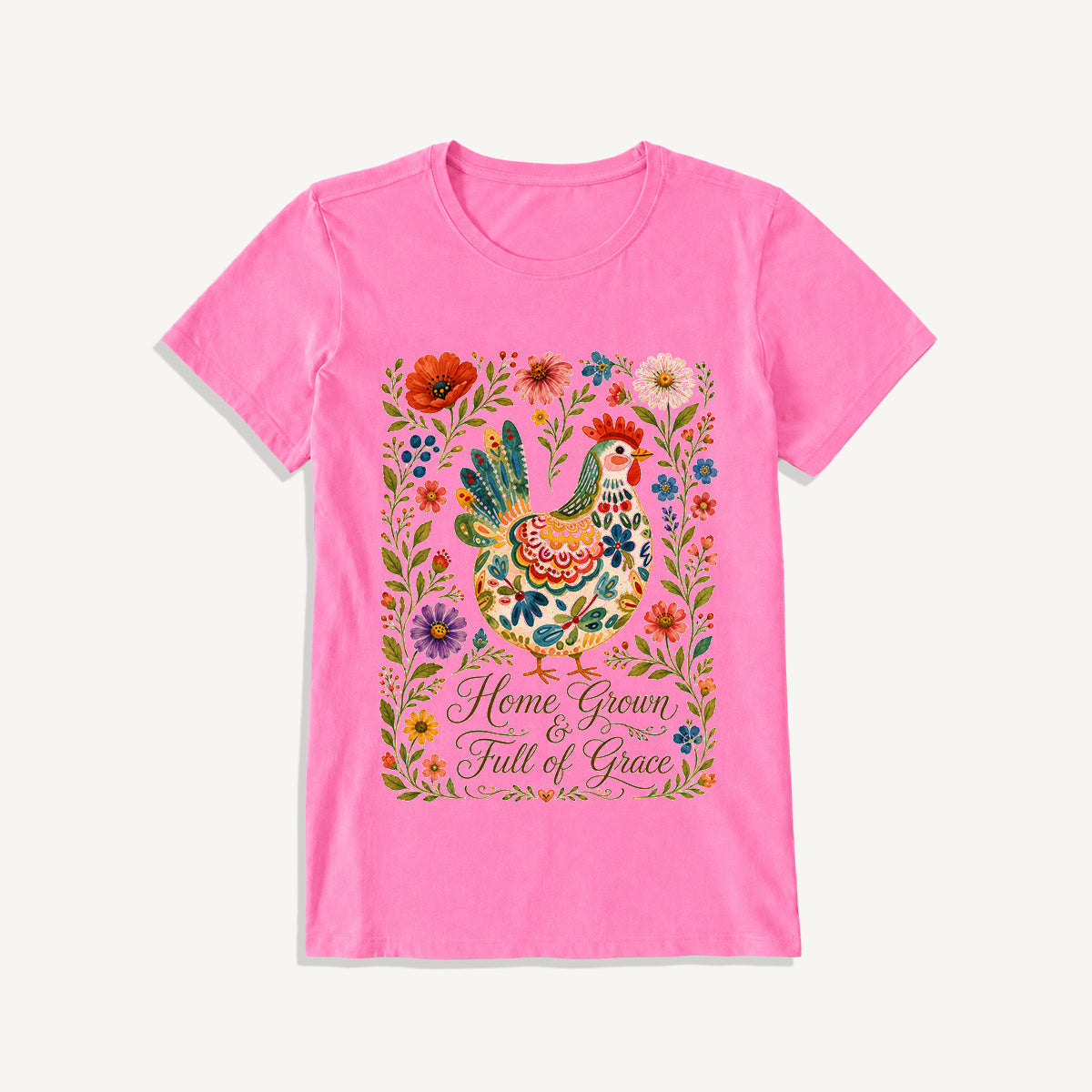 Folk Floral Homegrown Hen Print Crew Neck Cotton Tee