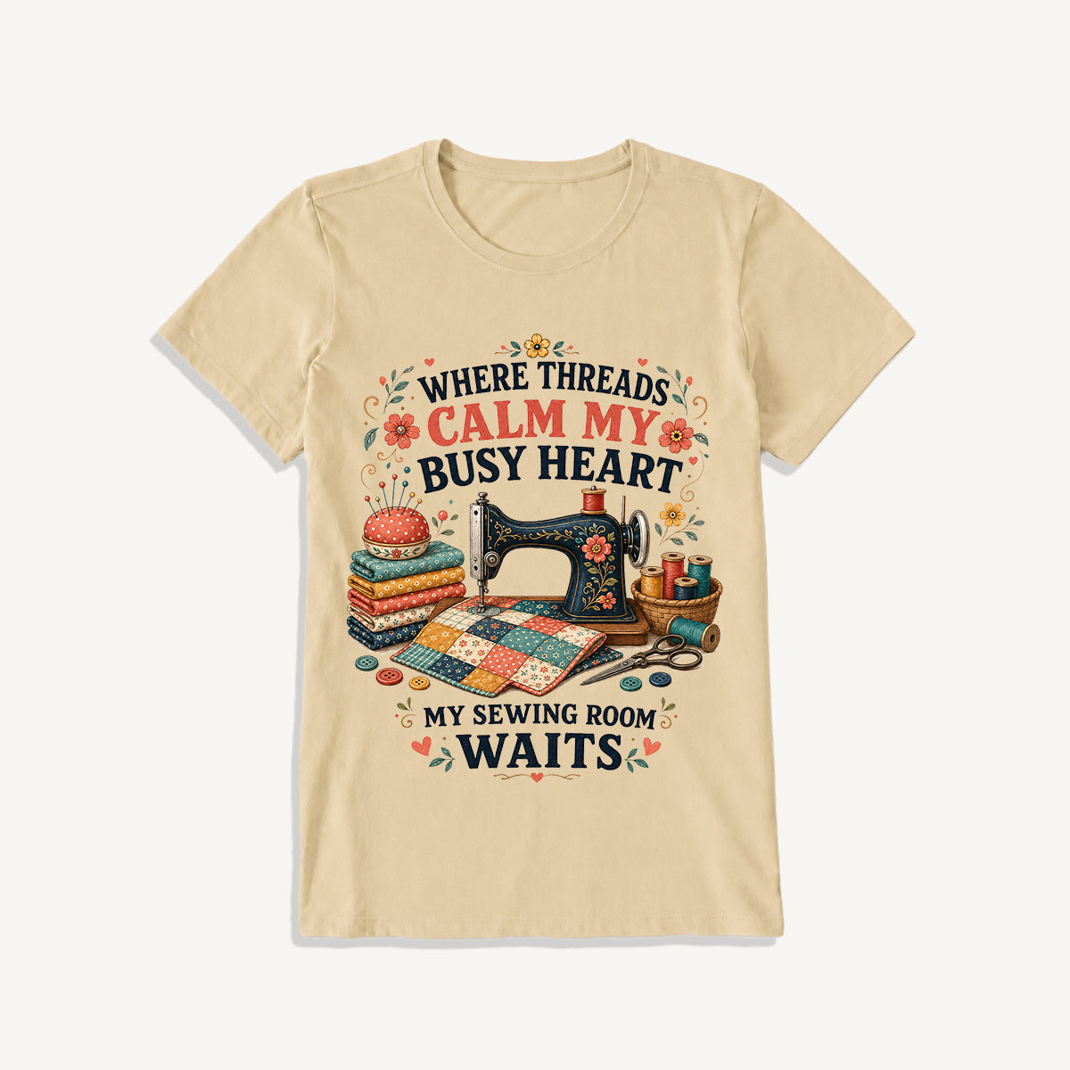 Calm Heart Sewing Room Print Crew Neck Cotton Tee