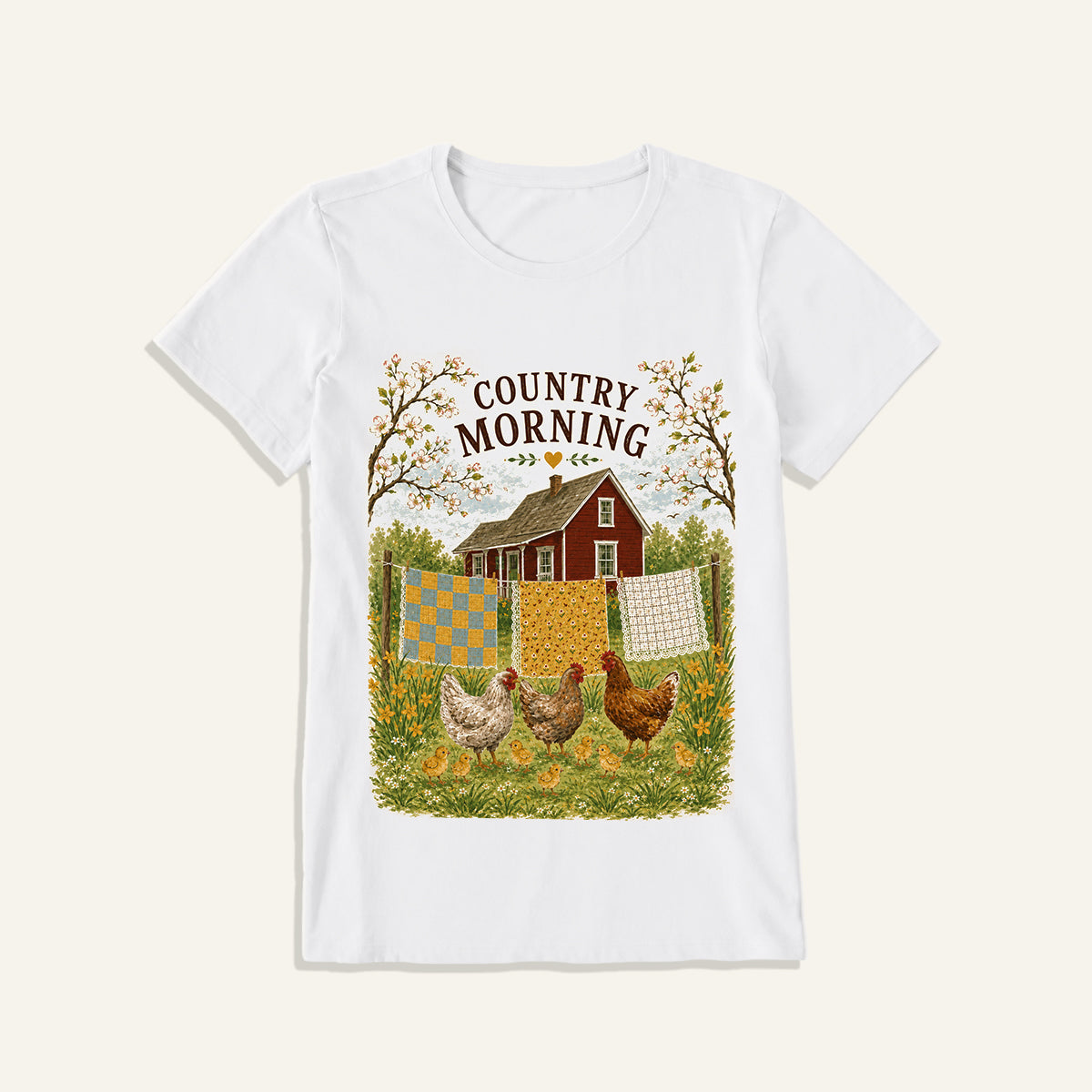 Country Morning Hen and Chicks Print Crew Neck Cotton Tee