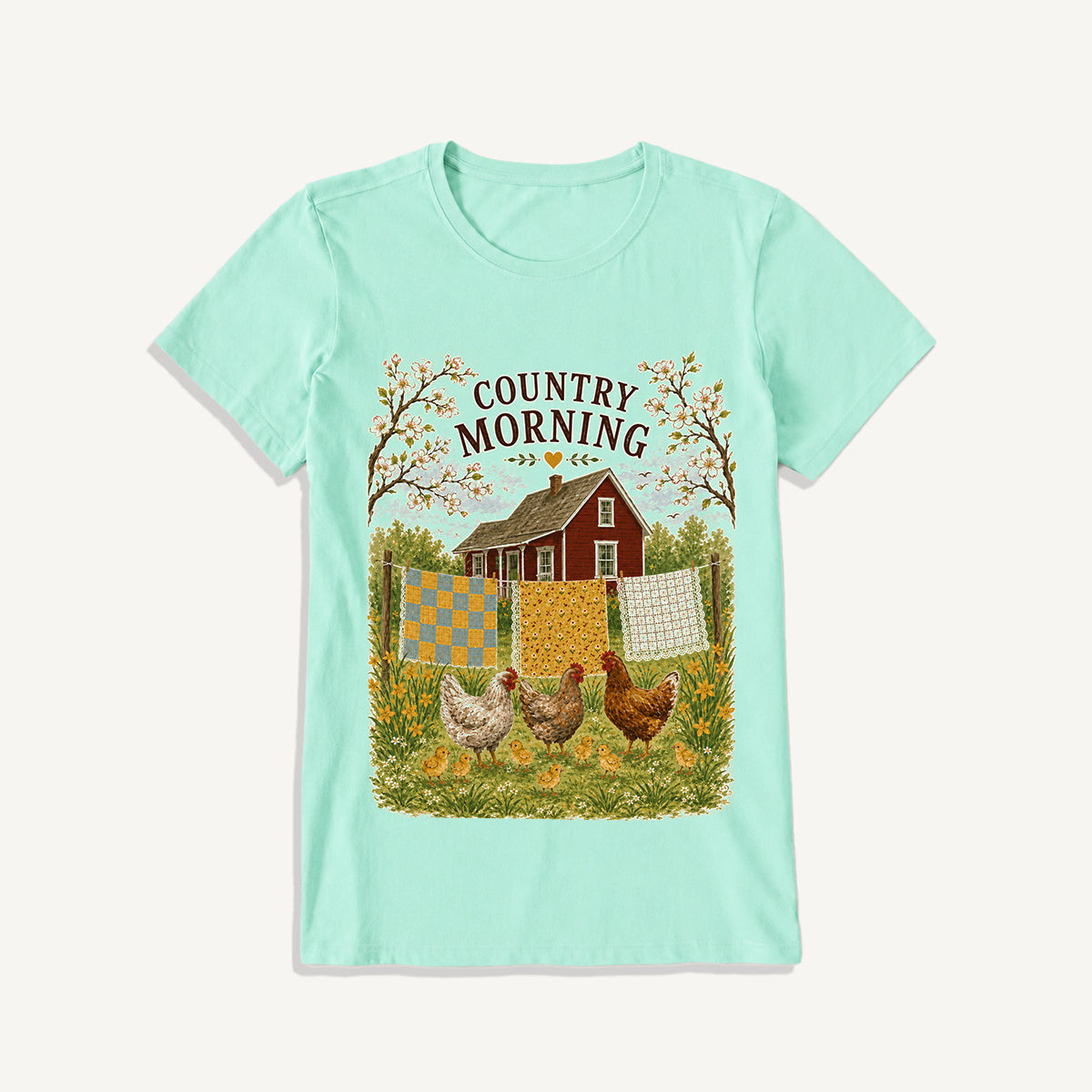 Country Morning Hen and Chicks Print Crew Neck Cotton Tee