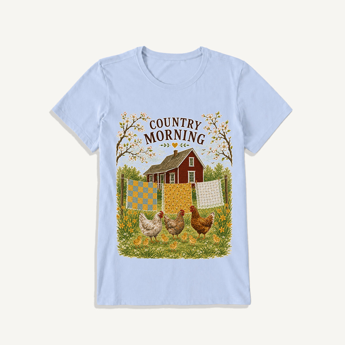 Country Morning Hen and Chicks Print Crew Neck Cotton Tee