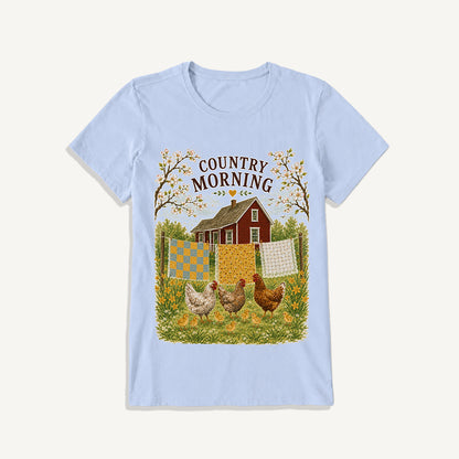 Country Morning Hen and Chicks Print Crew Neck Cotton Tee