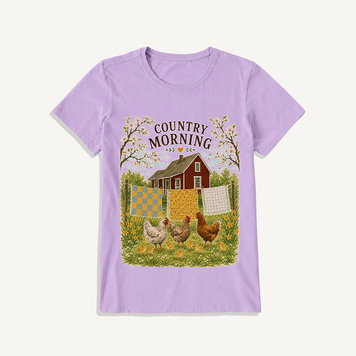 Country Morning Hen and Chicks Print Crew Neck Cotton Tee