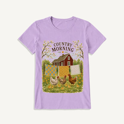 Country Morning Hen and Chicks Print Crew Neck Cotton Tee
