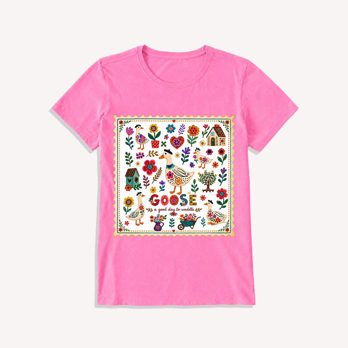 Floral Goose Garden Print Crew Neck Cotton Tee
