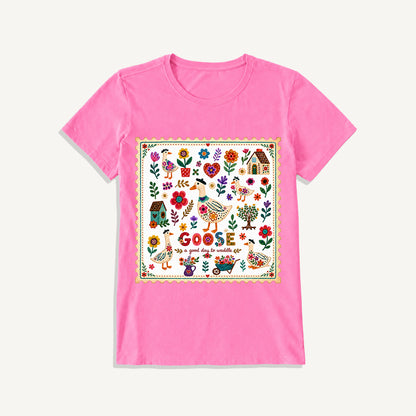 Floral Goose Garden Print Crew Neck Cotton Tee