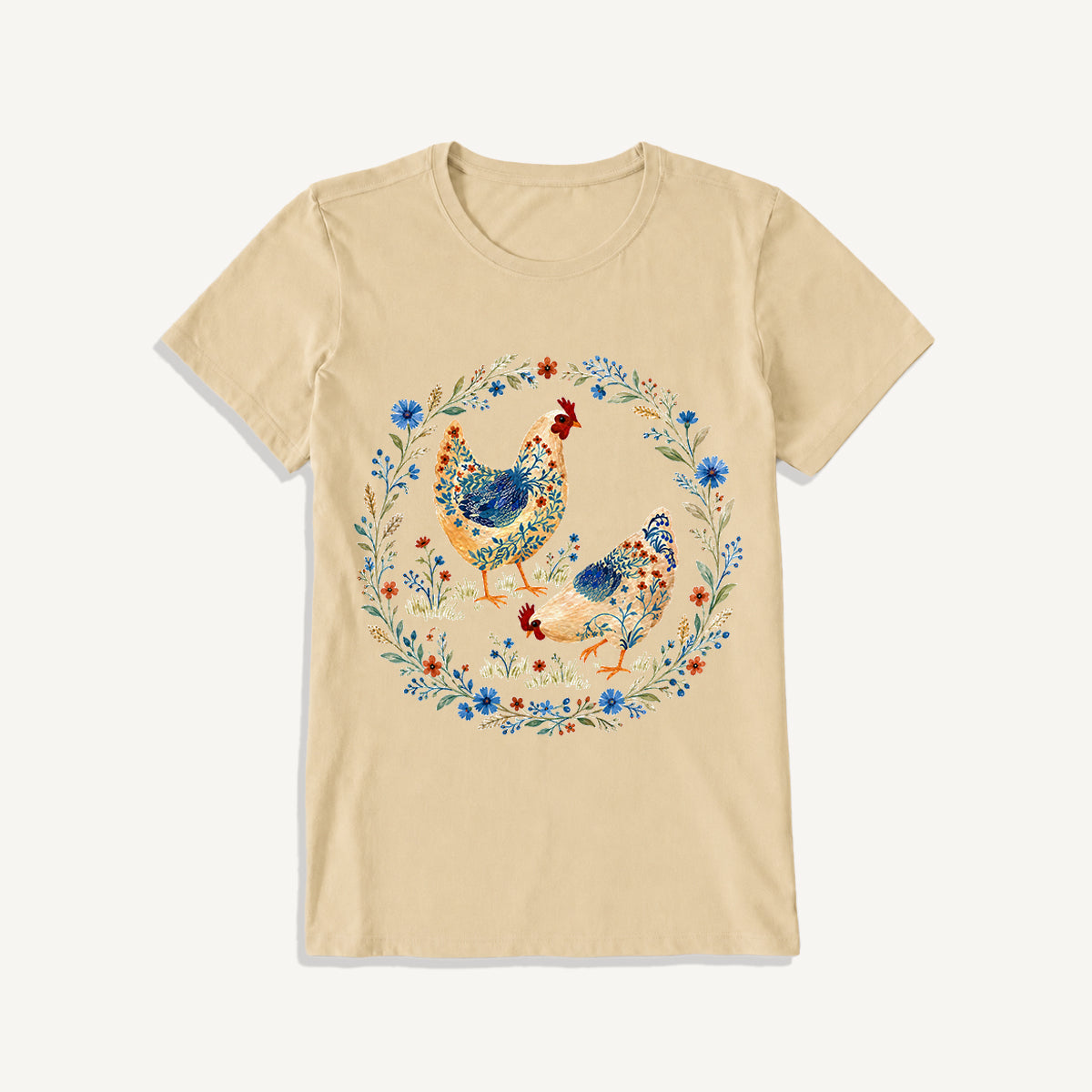 Blue Floral Hens Garden Print Crew Neck Cotton Tee