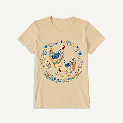 Blue Floral Hens Garden Print Crew Neck Cotton Tee