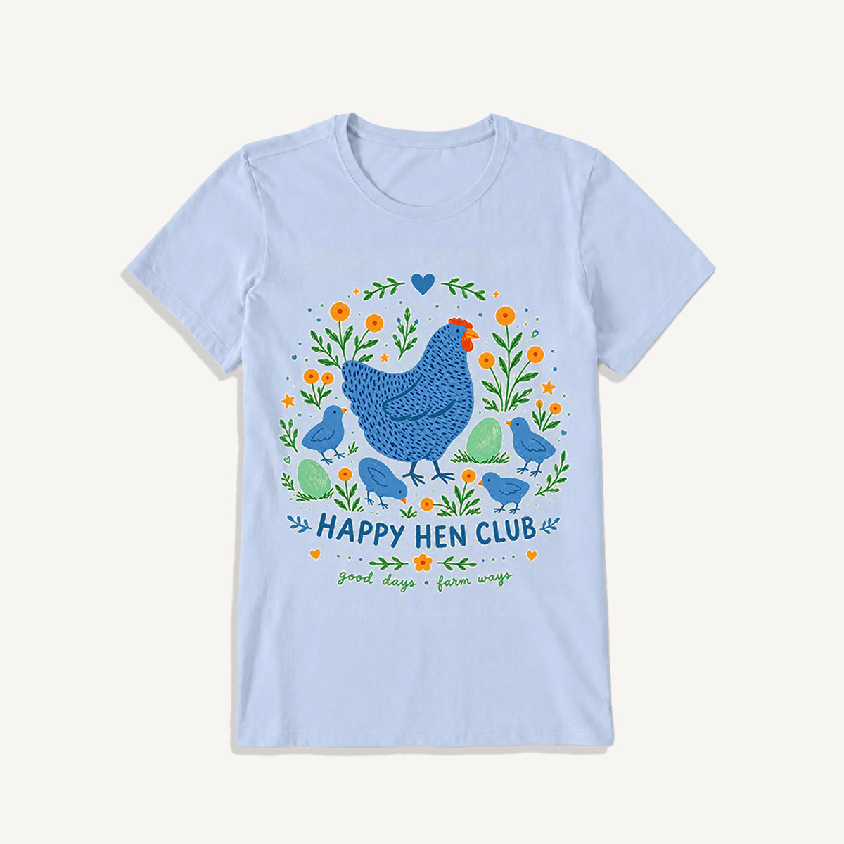 Blue Hen and Chicks Garden Print Crew Neck Cotton Tee