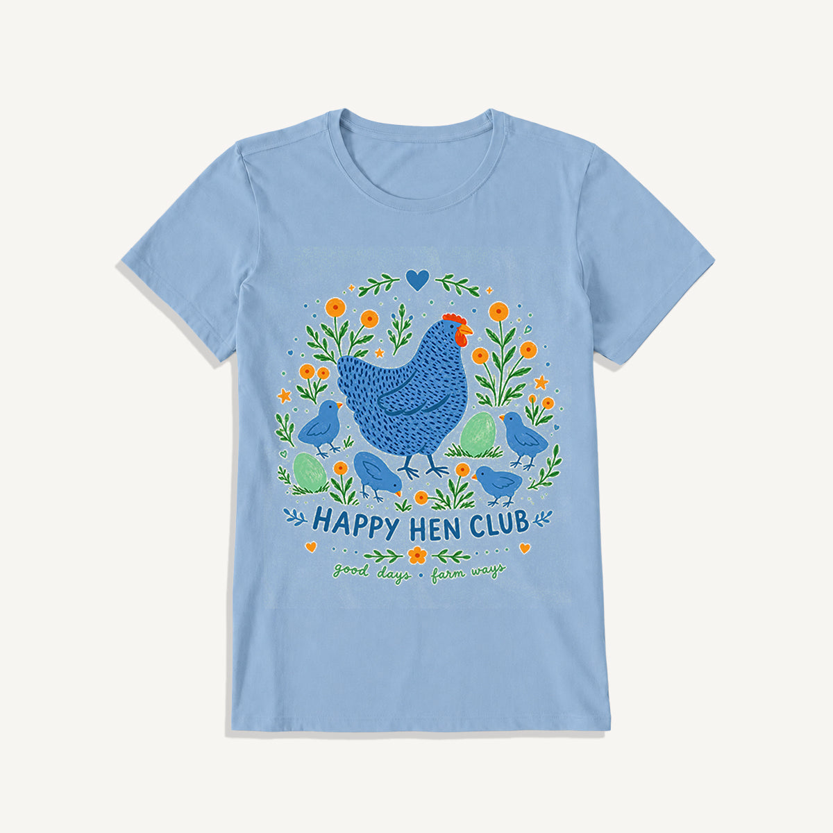 Blue Hen and Chicks Garden Print Crew Neck Cotton Tee