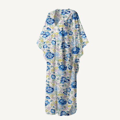V‑Neck Blue Rose Floral Kimono Sleeve Kaftan Dress