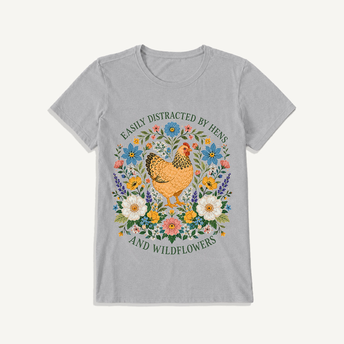 Hen and Wildflowers Cottage Print Crew Neck Cotton Tee