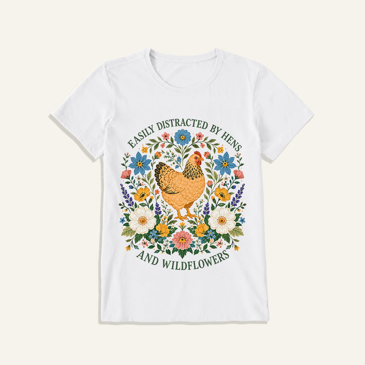 Hen and Wildflowers Cottage Print Crew Neck Cotton Tee