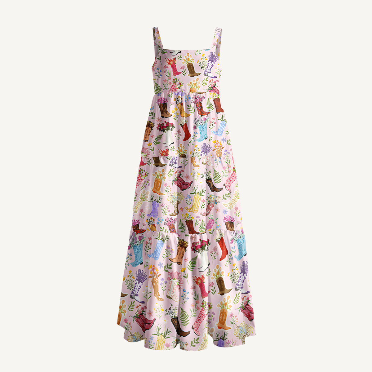 Vintage Floral Cowboy Boots Print Wide Straps Maxi Dress With Pockets
