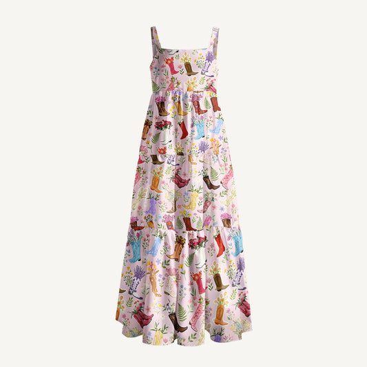 Vintage Floral Cowboy Boots Print Wide Straps Maxi Dress With Pockets