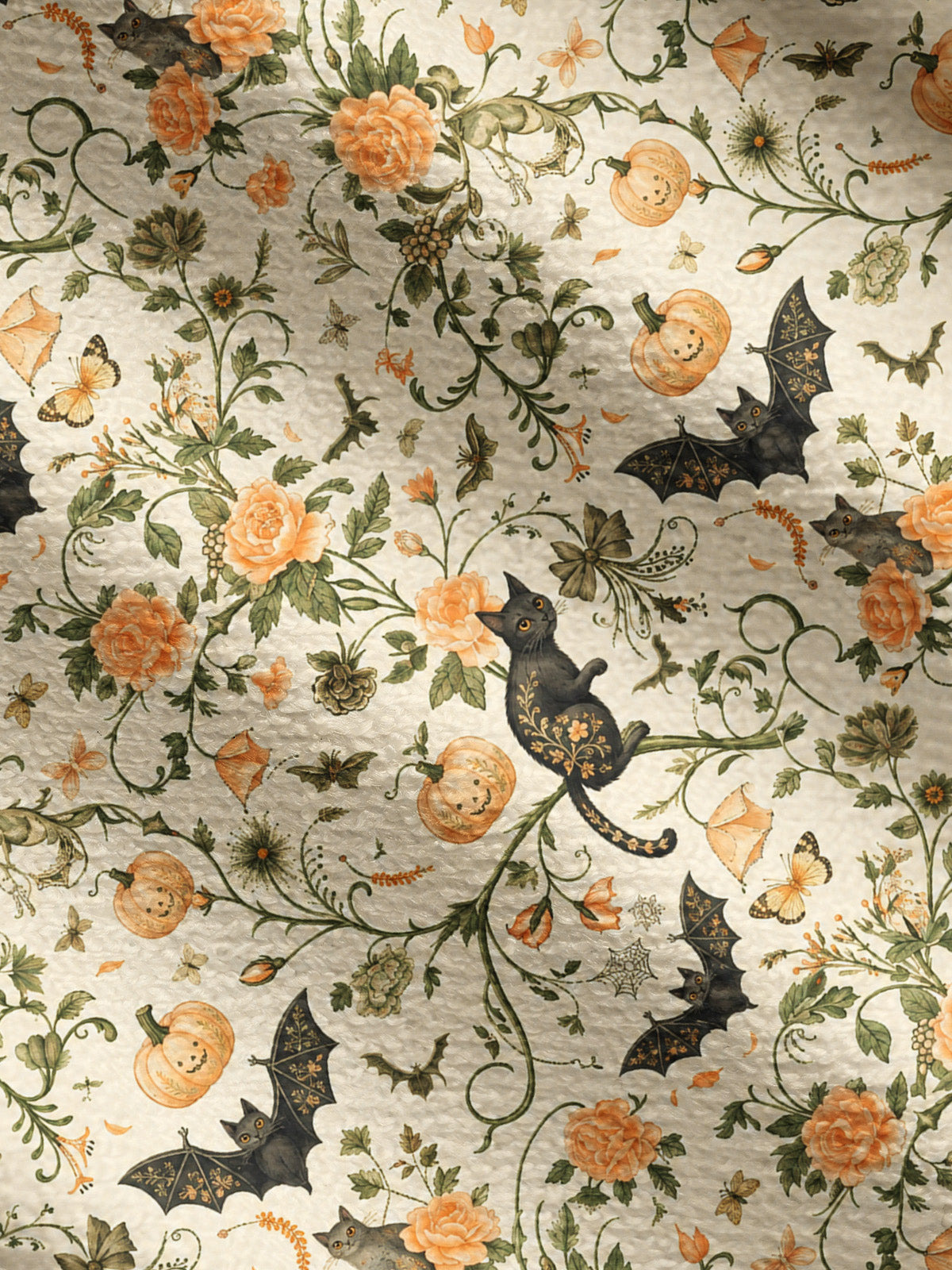 Lightweight Crew Neck Long‑Sleeve Cropped Pastoral Pumpkin Cat Print Fine‑Knit Cardigan