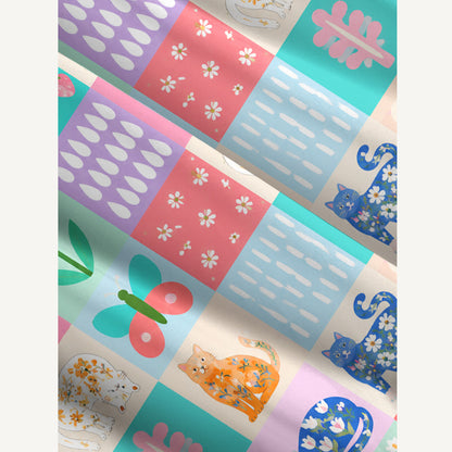 Pastel Patchwork Kitty Print Wide Straps Maxi Dress With Pockets