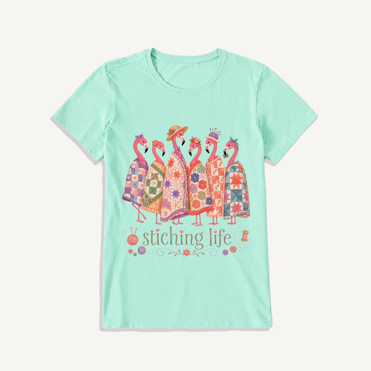 Quilted Flamingo Craft Club Print Crew Neck Cotton Tee