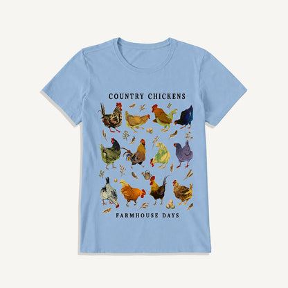 Country Chicken Farmhouse Collection Print Crew Neck Cotton Tee