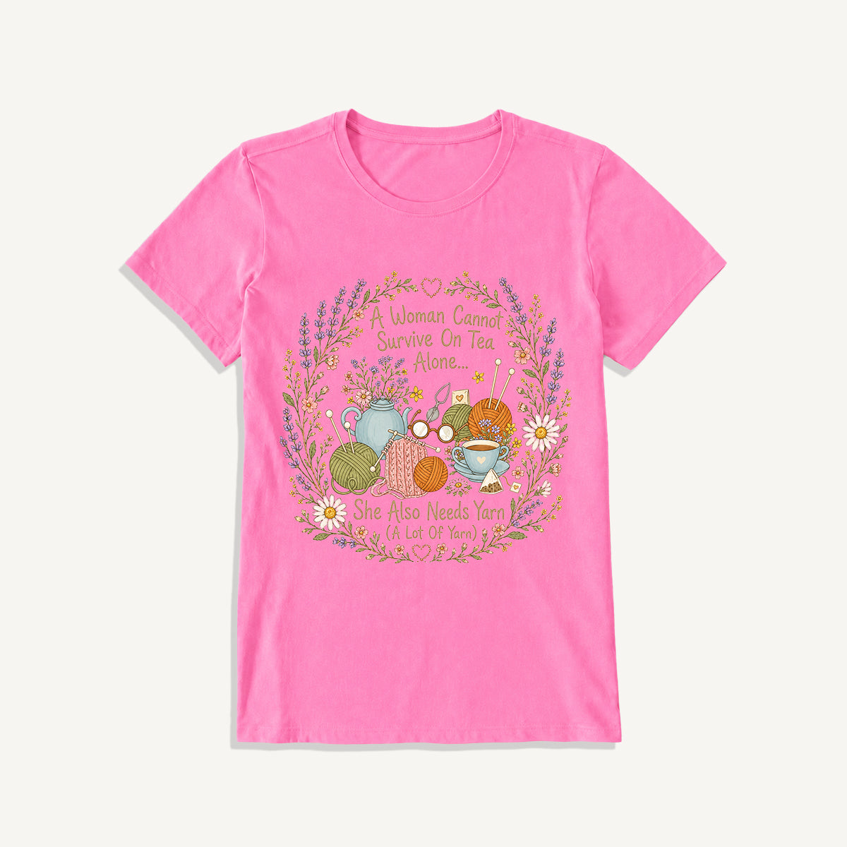 Vintage Floral Knitting Circle Print Crew Neck Cotton Tee