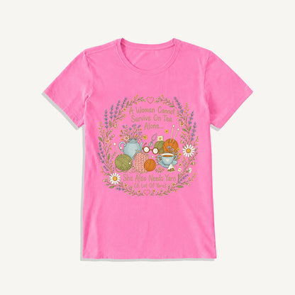 Vintage Floral Knitting Circle Print Crew Neck Cotton Tee