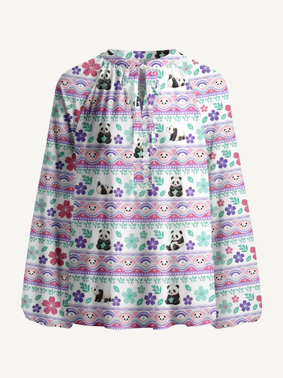 Panda Carnival Print Boho Long Sleeve Tie‑Neck Blouse