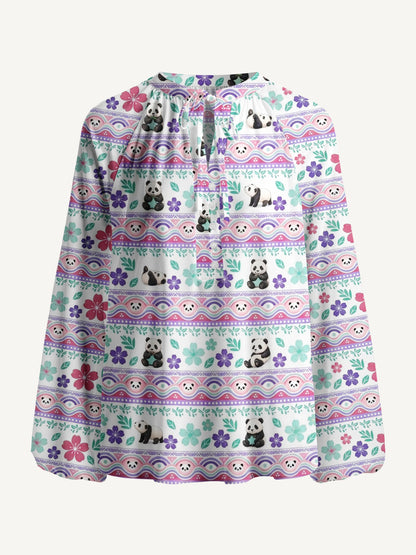 Panda Carnival Print Boho Long Sleeve Tie‑Neck Blouse