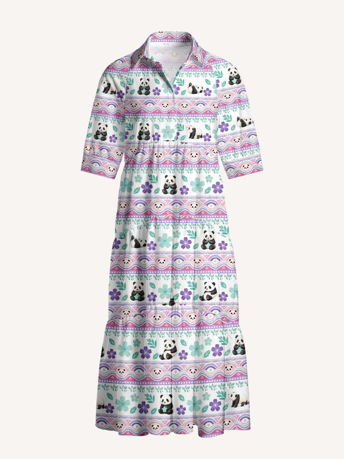 V Neck Collared Panda Carnival  Story Print Casual Midi Dress With Pockets