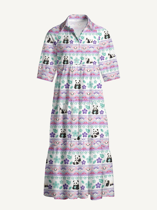 V Neck Collared Panda Carnival  Story Print Casual Midi Dress With Pockets