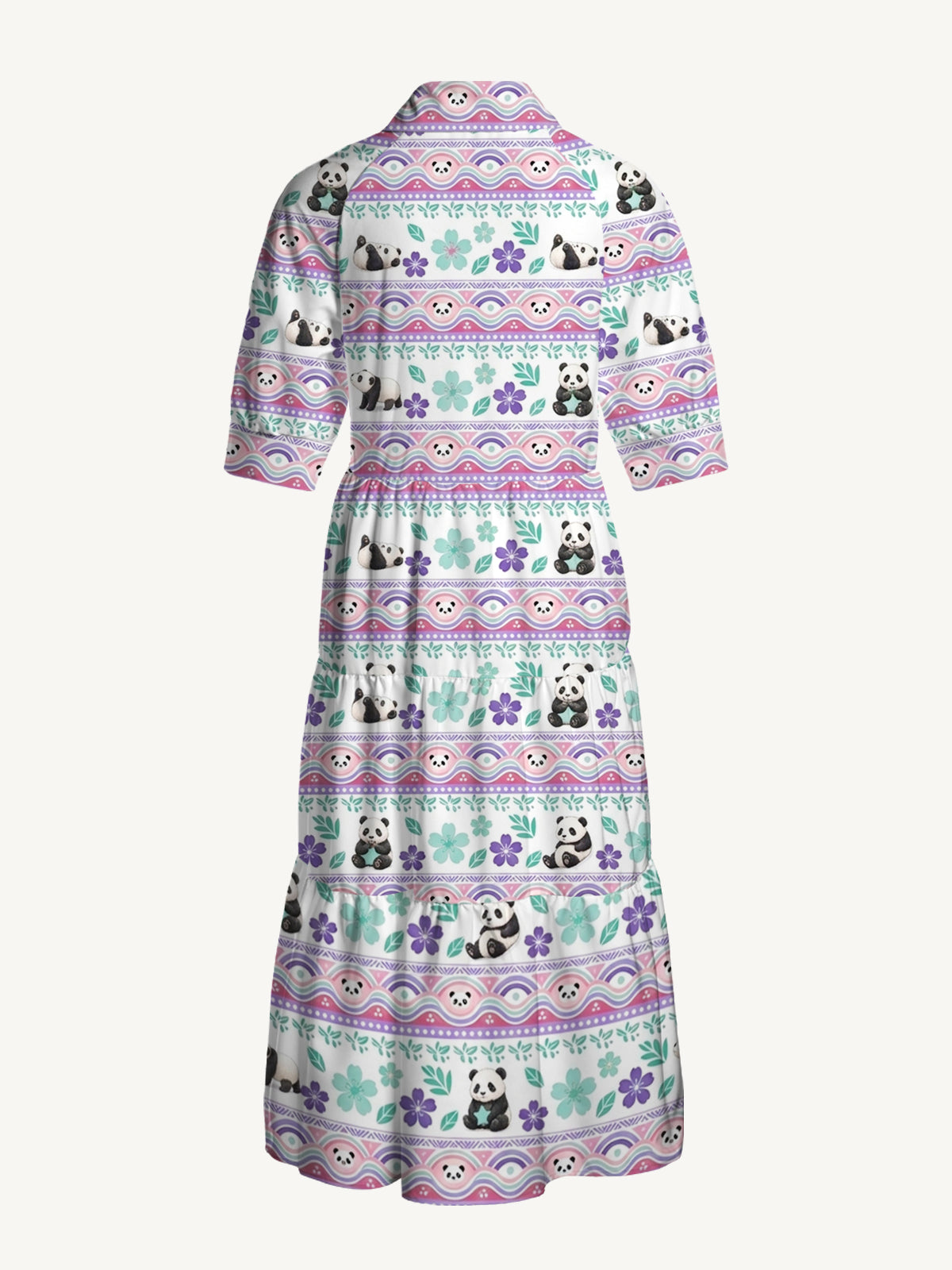 V Neck Collared Panda Carnival  Story Print Casual Midi Dress With Pockets