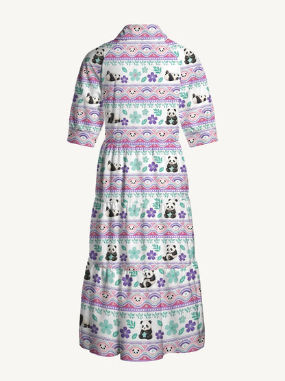 V Neck Collared Panda Carnival  Story Print Casual Midi Dress With Pockets