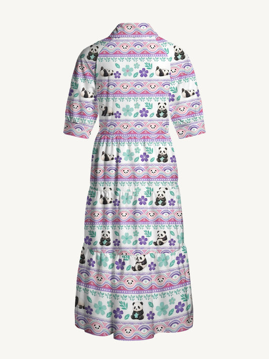 V Neck Collared Panda Carnival  Story Print Casual Midi Dress With Pockets