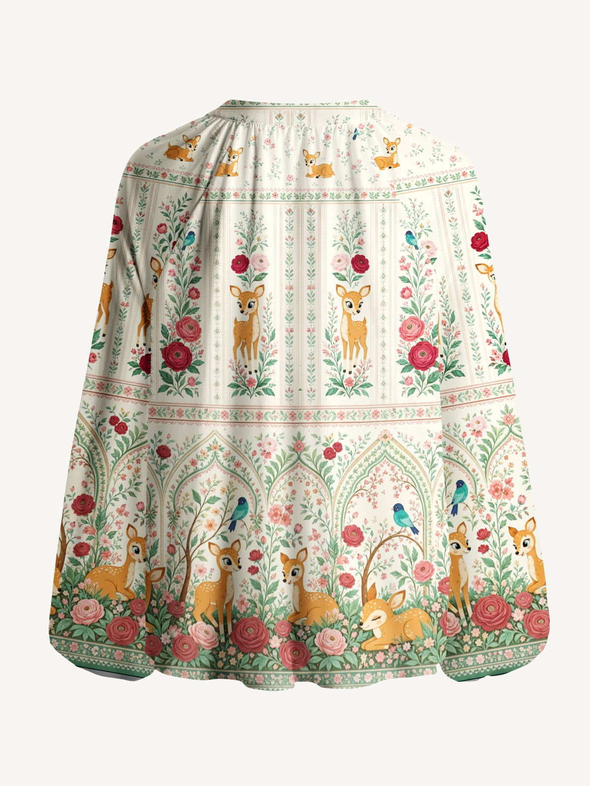 Cream Garden Fawn Forest Print Boho Long Sleeve Tie‑Neck Blouse