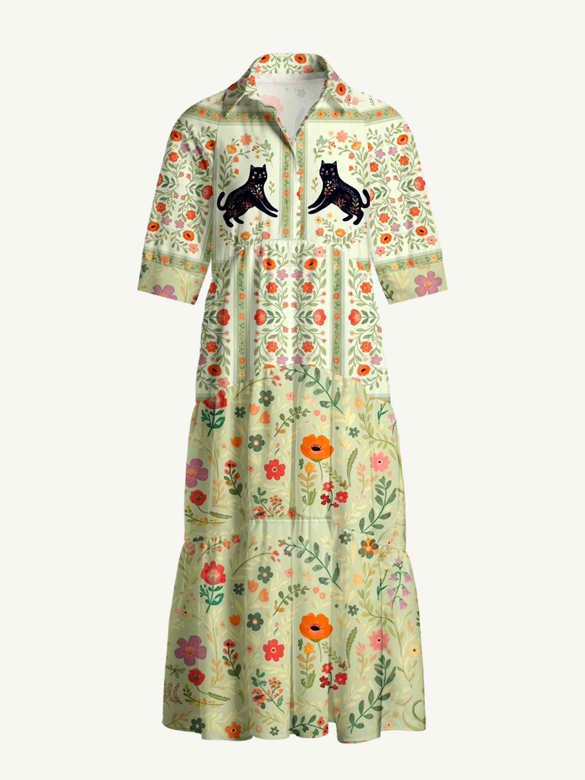 V Neck Collared Cream Garden Black Cat Print Casual Midi Dress With Pockets