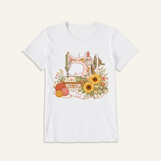 Vintage Floral Sewing Nook Print Crew Neck Cotton Tee