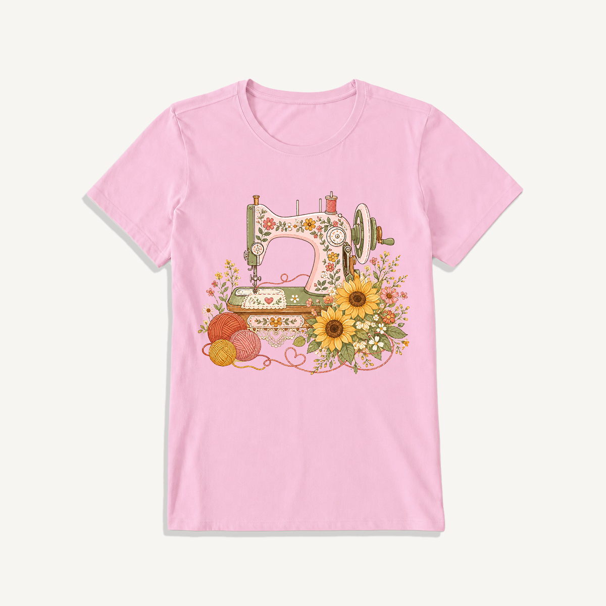 Vintage Floral Sewing Nook Print Crew Neck Cotton Tee