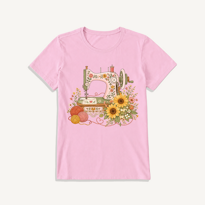 Vintage Floral Sewing Nook Print Crew Neck Cotton Tee
