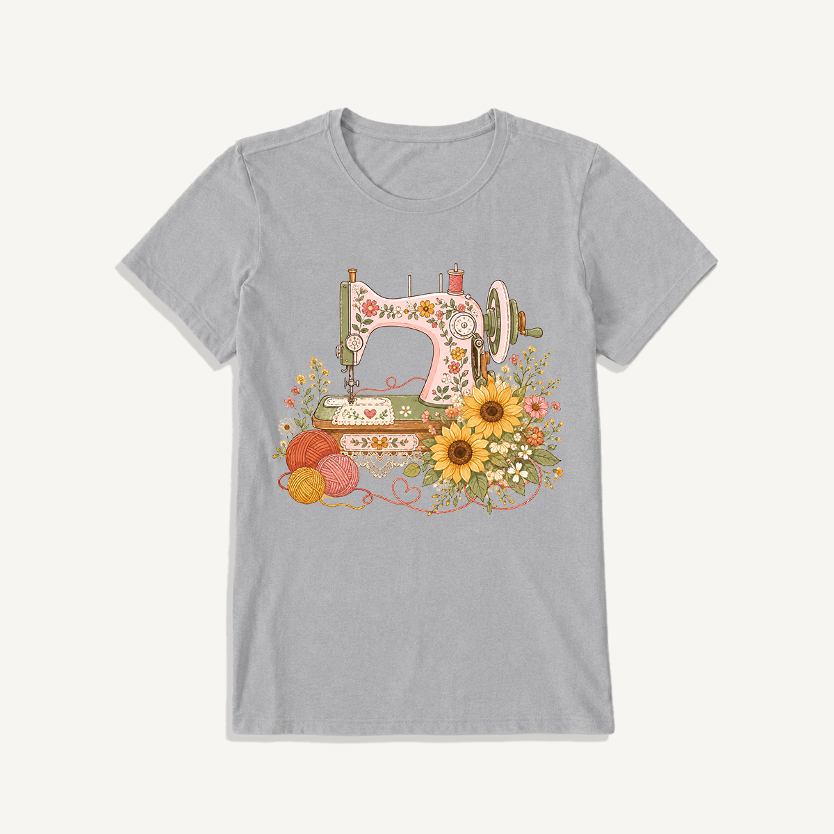 Vintage Floral Sewing Nook Print Crew Neck Cotton Tee