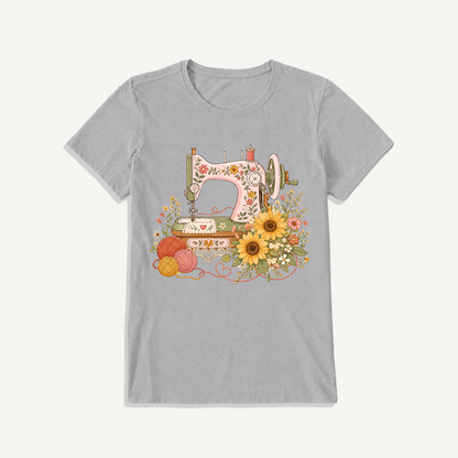 Vintage Floral Sewing Nook Print Crew Neck Cotton Tee