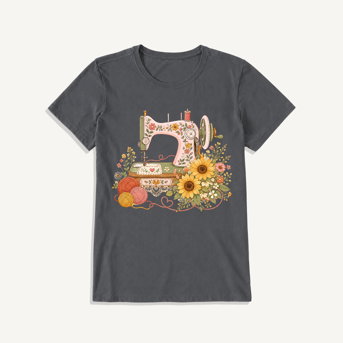 Vintage Floral Sewing Nook Print Crew Neck Cotton Tee