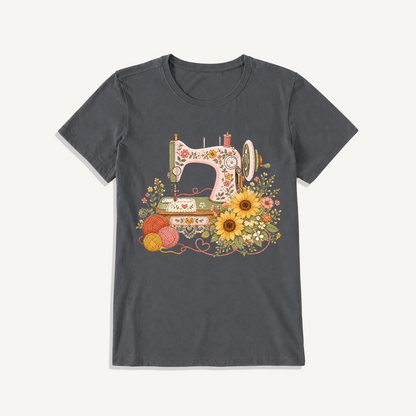 Vintage Floral Sewing Nook Print Crew Neck Cotton Tee